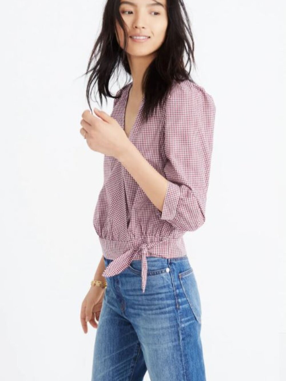 Madewell Cotton Wrap Top in Western Gingham Check (Style J2935) Burgandy Size XS